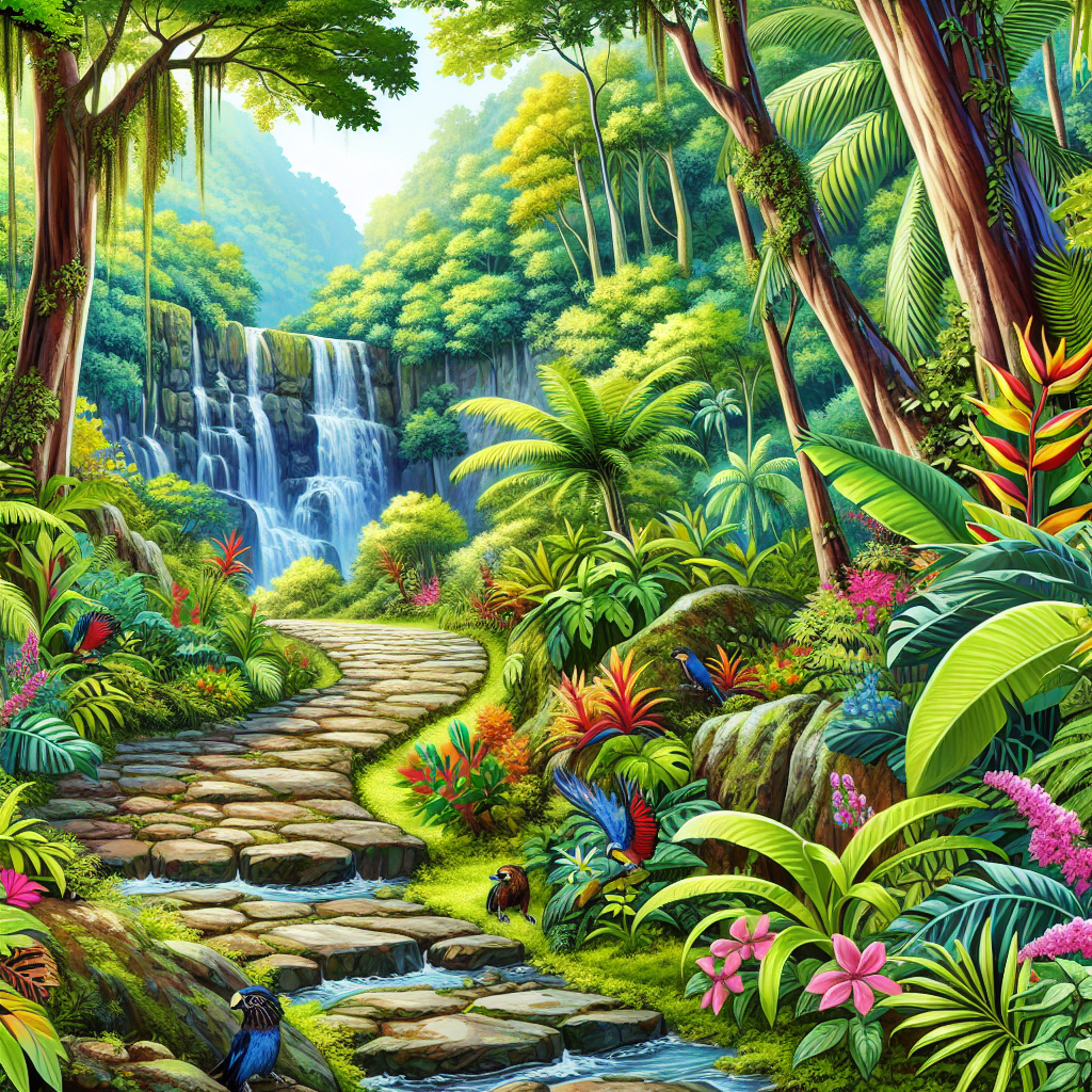 A lush forest trail leading to a waterfall on the island of Grenada, with tropical flora and exotic wildlife.