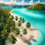 An inviting, serene tropical beach on Grenada with palm trees, white sand, and clear blue waters, hinting at a hidden paradise.