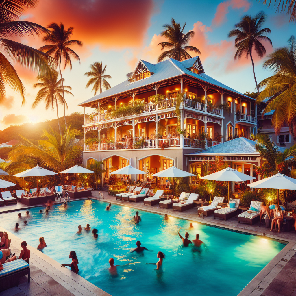 Tropisk boutique-hotell ved kysten på Grenada, palmer, solnedgang, bassengområde med avslappede gjester og innbydende fasade