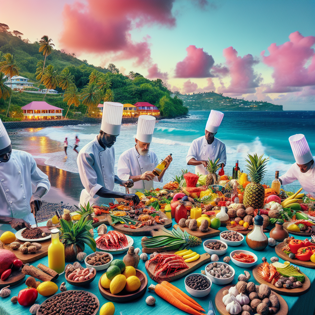 Fargerik karibisk spiseopplevelse på Grenada: et bord ved kysten med lokale retter, muskatnøtt, frisk sjømat, tropisk frukt og kokker i bakgrunnen