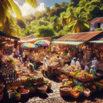 Fargerikt karibisk marked på Grenada med boder som selger krydder, håndverk og frukt, lokale selgere, tropisk vegetasjon i bakgrunnen, varm sollys og levende atmosfære