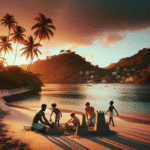 Familie på en tropisk strand på Grenada ved solnedgang, barn som bygger sandslott, palmer, klart blått vann og grønne åser i bakgrunnen, stemningsfull og varm fargepalett