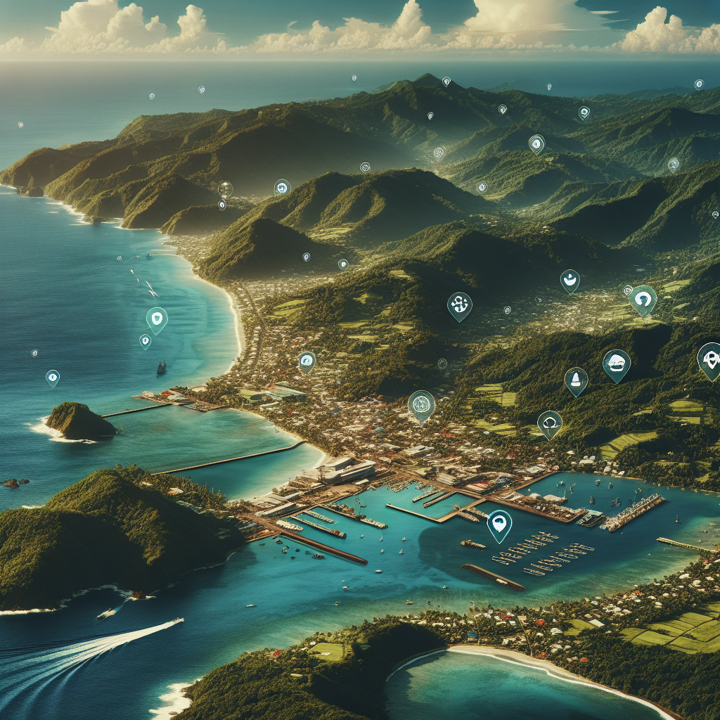 Flyfoto av Grenada: frodige grønne fjell, kystlinje med turkist hav, små fiskerlandsbyer og et stilrent kart-ikon overlagt